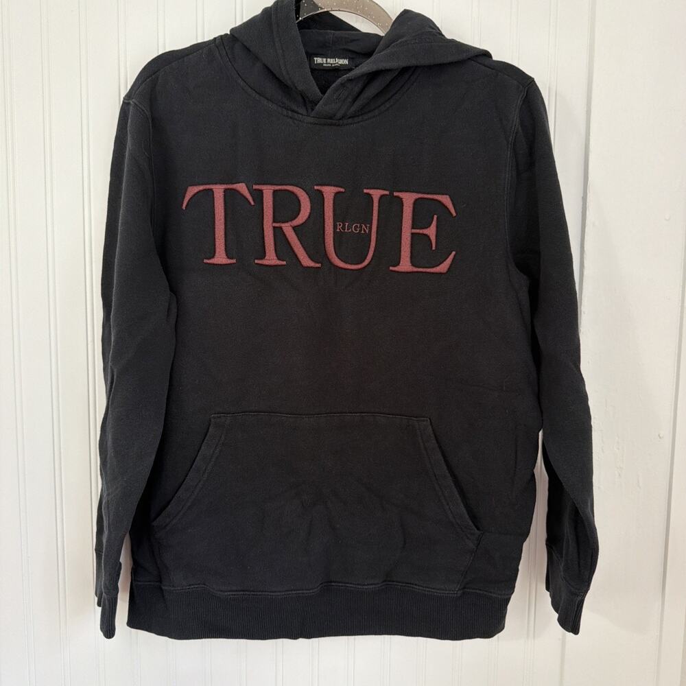True Religion Hoodie Mens Medium Black Pullover Logo Kangaroo Pocket